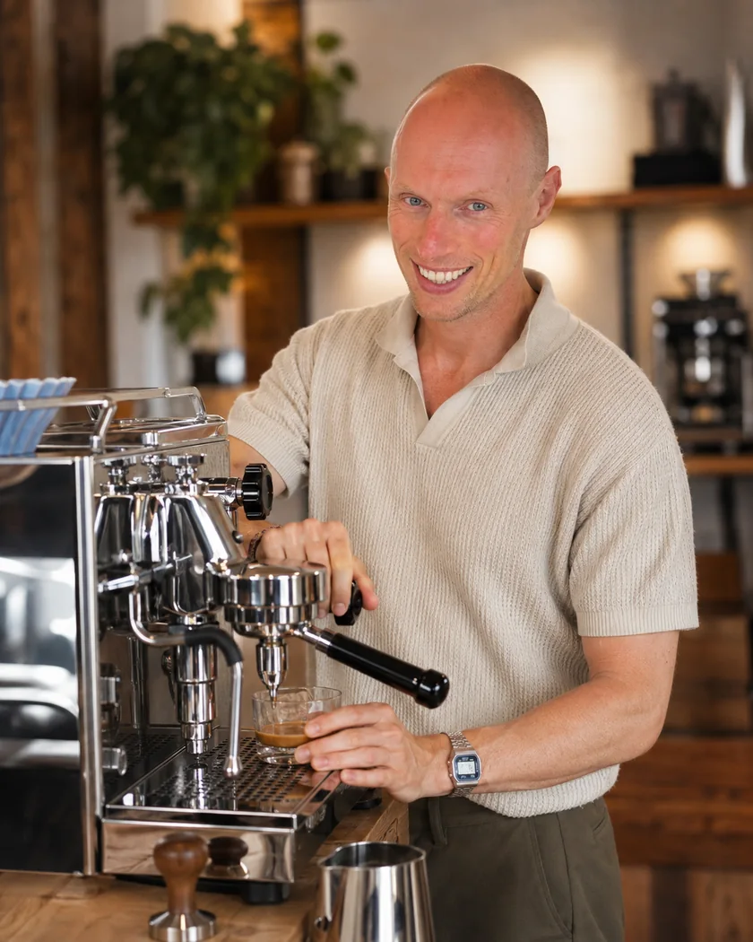 Thijs Dijkman zet espresso aan een halfautomatische espressomachine in de werkplaats